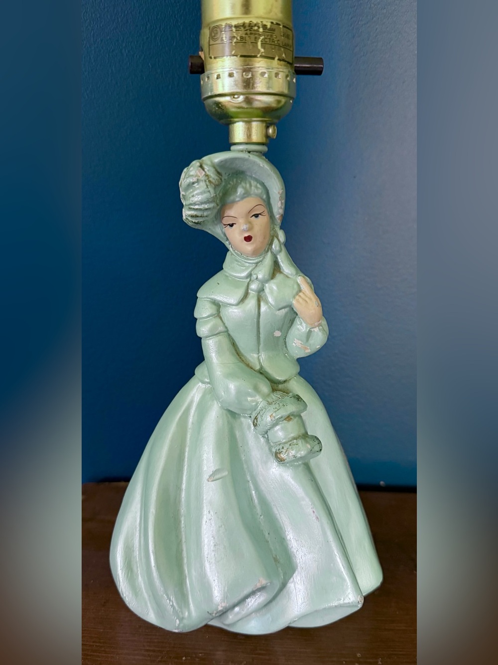 Vintage blue victorian lady lustreware ceramic lamp
